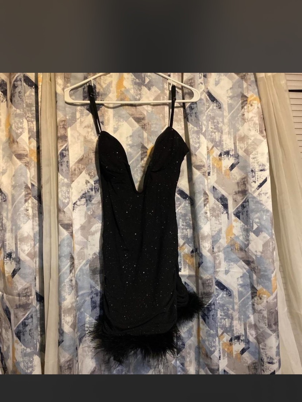Fashion Nova Black Sparkle Feather-Hem Mini Dress